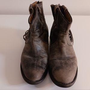 Taupe brown distressed western inspired fringed bootie